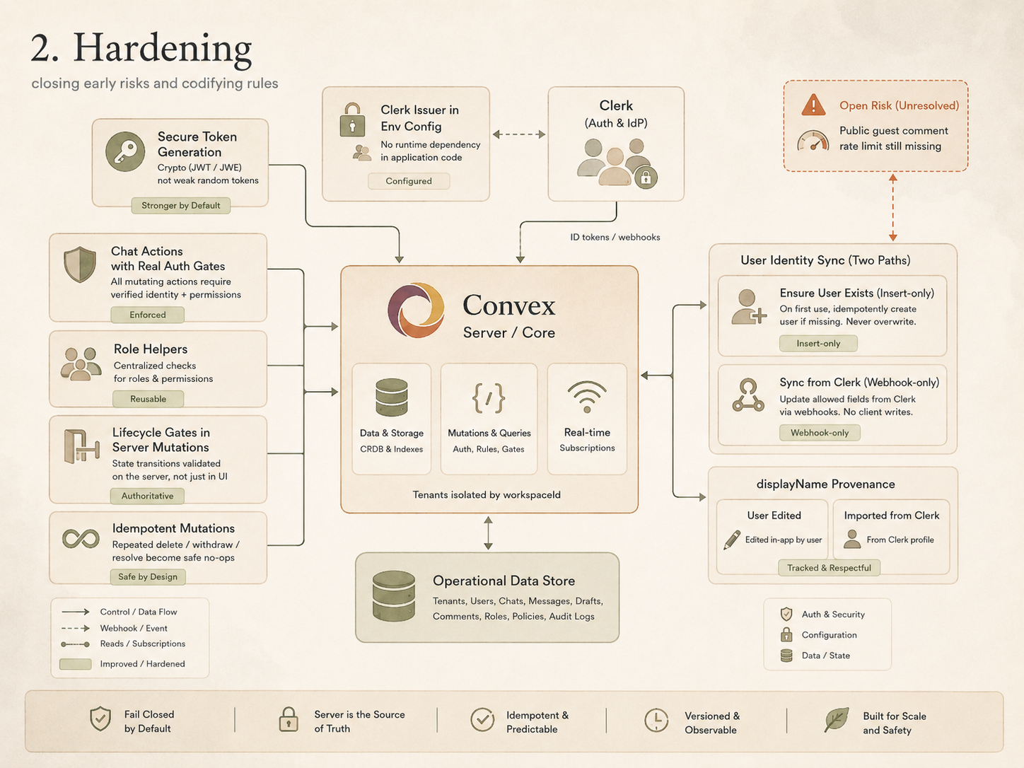 Chapter 2 architectural diagram: Hardening. Closing early risks and codifying rules. Shows secure token generation, role helpers, lifecycle gates, idempotent mutations, two-path user identity sync, and displayName provenance — with the unresolved public guest comment rate limit flagged.